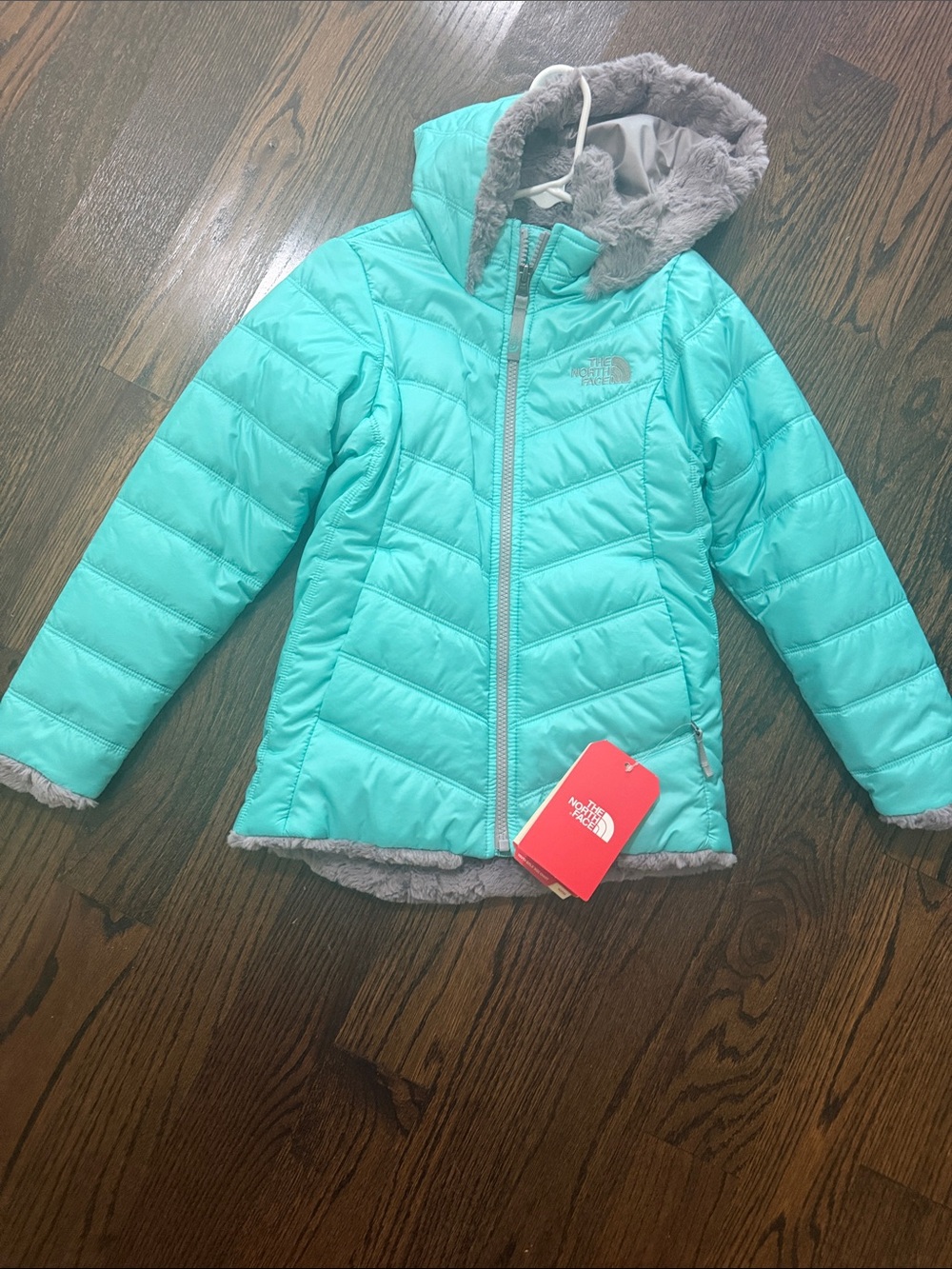 The North Face Girls' Teal Aqua Puffer Jacket with Faux-Fur Trim